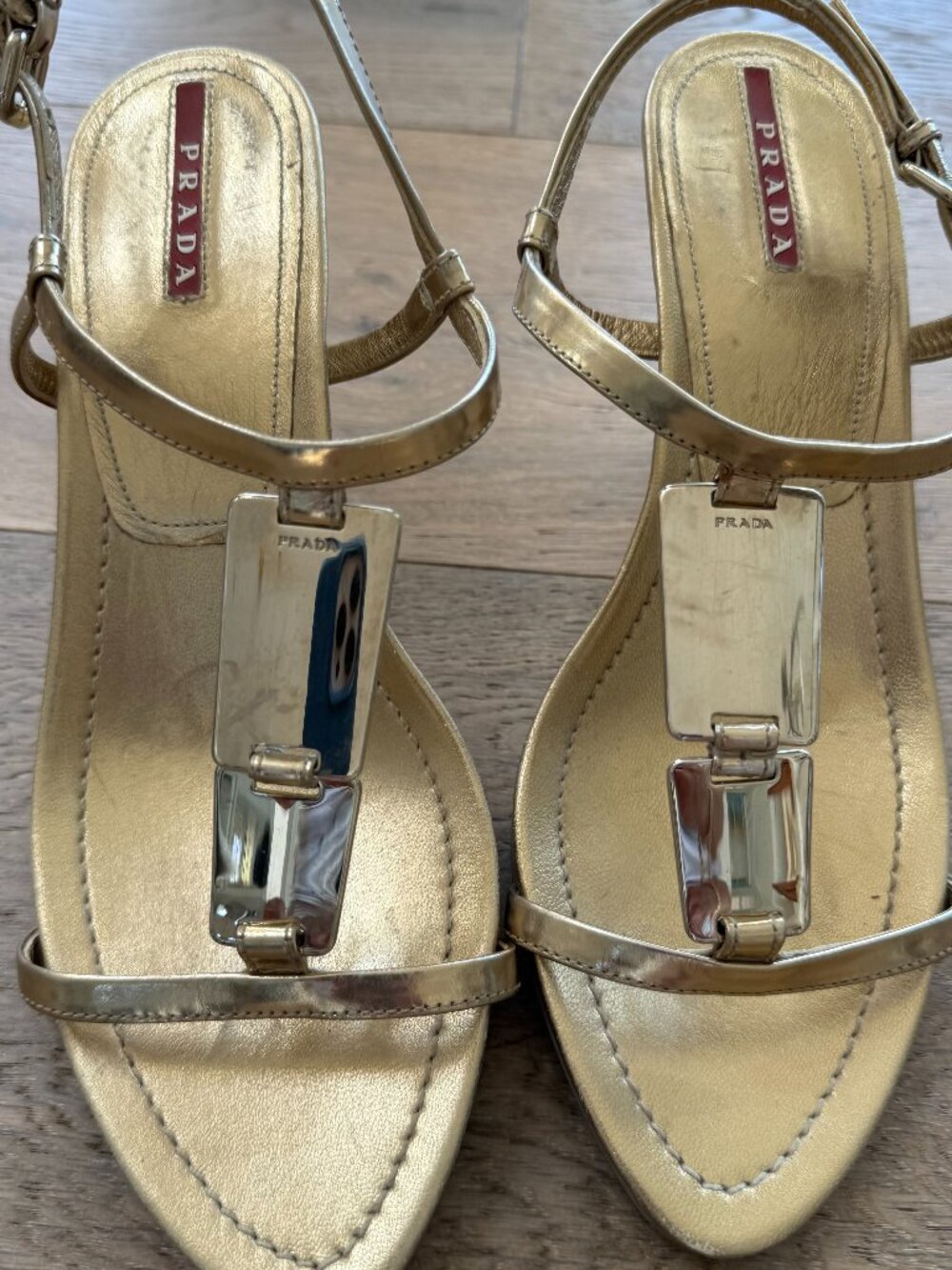 PRADA ELEGANT GOLD SLINGBACK OPEN TOE SANDALS WITH GOLD BUCKLES (SIZE 38 EUR)